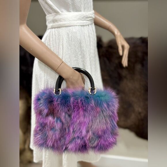 Purple Gradient Handmade Luxury Real Fox Fur Top Handles Satchel Bag/Crossbody - Picture 2 of 16